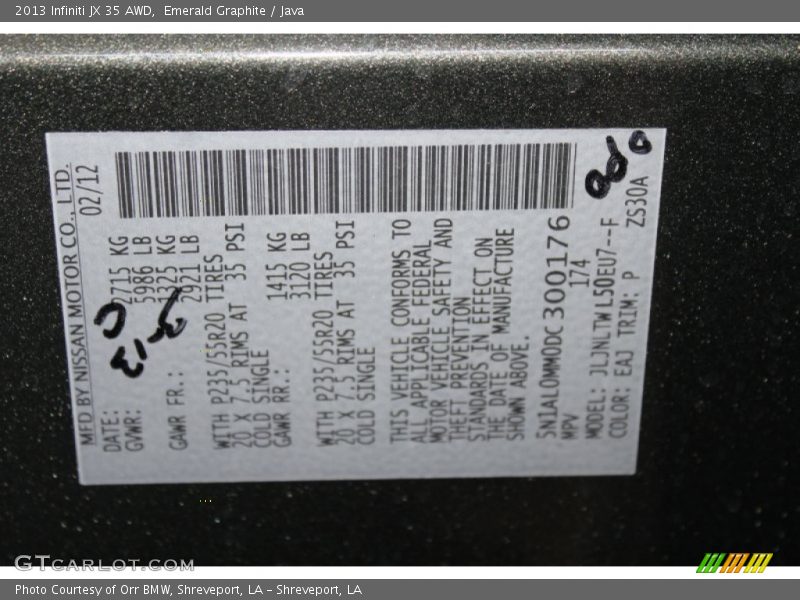 2013 JX 35 AWD Emerald Graphite Color Code EAJ