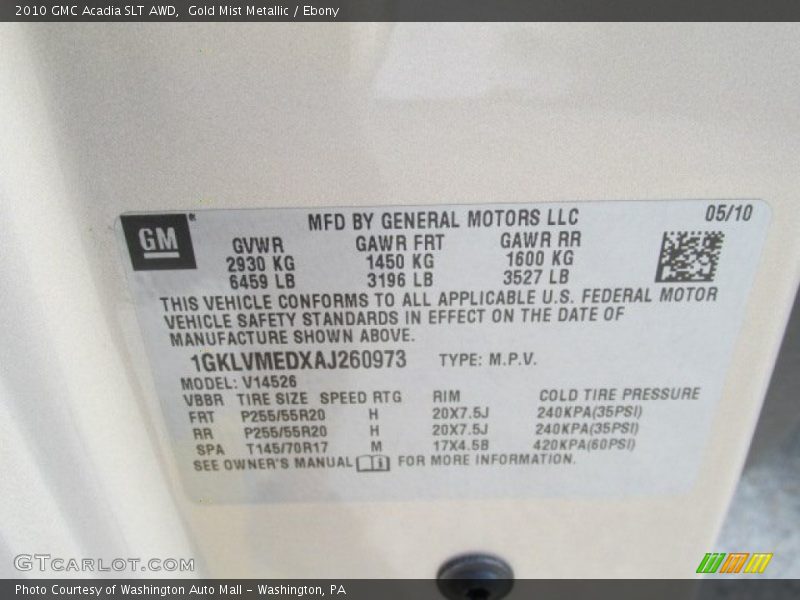 Gold Mist Metallic / Ebony 2010 GMC Acadia SLT AWD