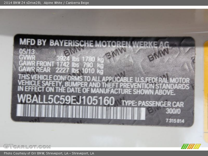 2014 Z4 sDrive28i Alpine White Color Code 300