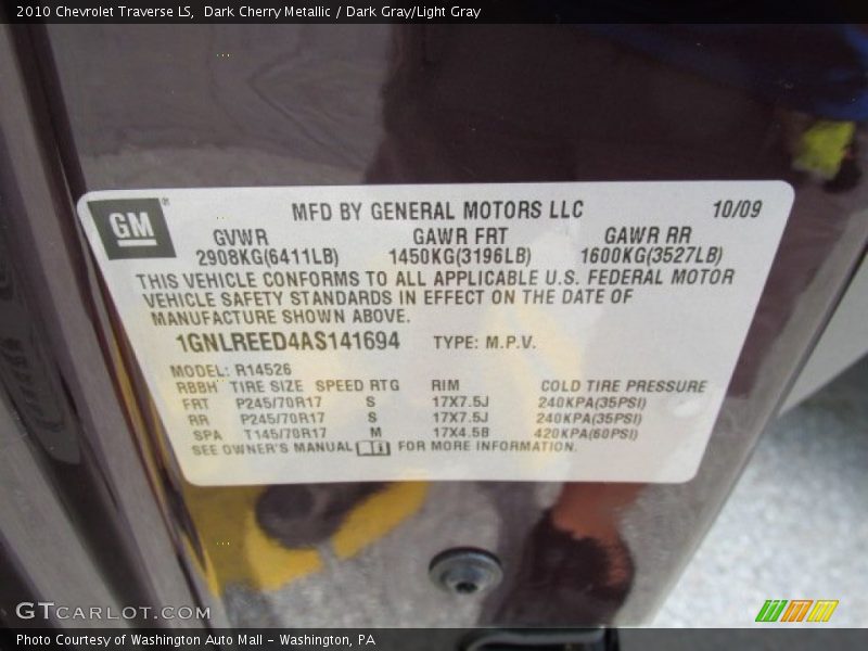 Dark Cherry Metallic / Dark Gray/Light Gray 2010 Chevrolet Traverse LS