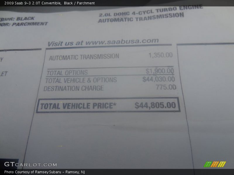 2009 9-3 2.0T Convertible Window Sticker