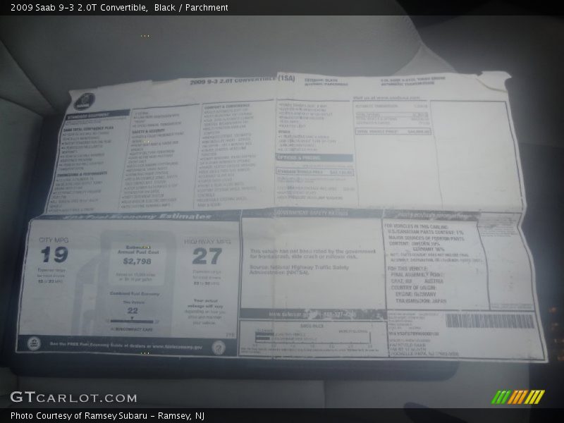  2009 9-3 2.0T Convertible Window Sticker