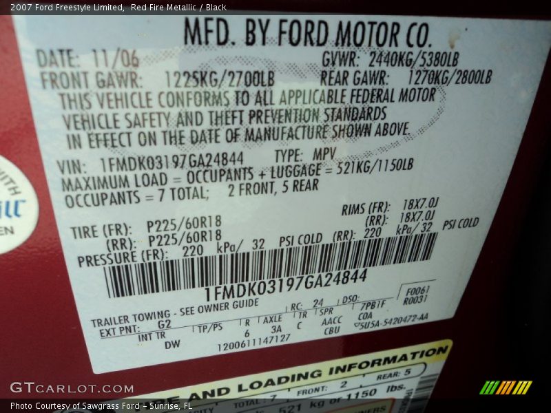 2007 Freestyle Limited Red Fire Metallic Color Code G2