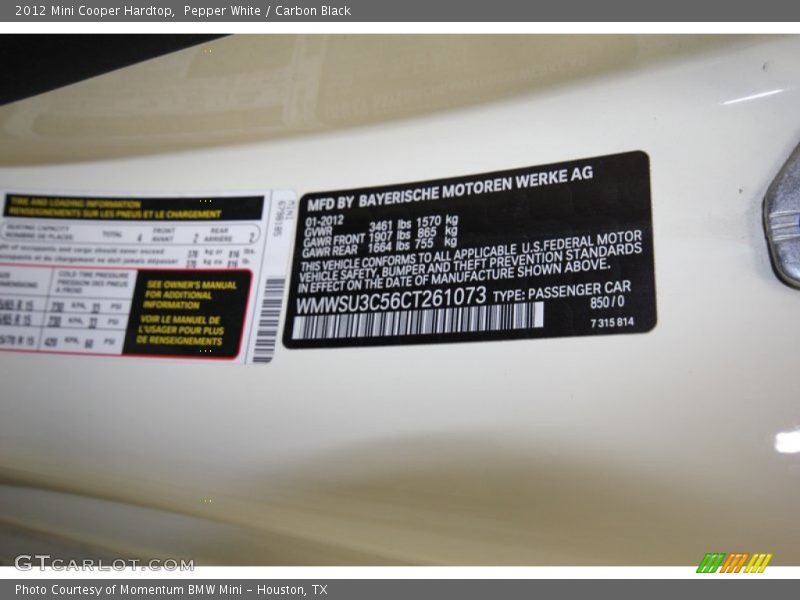 Pepper White / Carbon Black 2012 Mini Cooper Hardtop