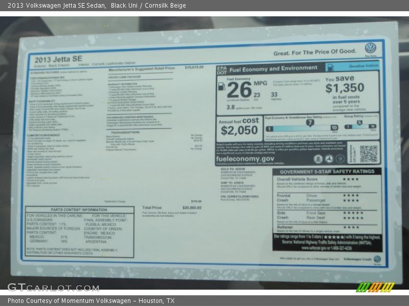 Black Uni / Cornsilk Beige 2013 Volkswagen Jetta SE Sedan