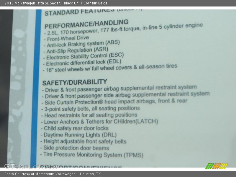 Black Uni / Cornsilk Beige 2013 Volkswagen Jetta SE Sedan