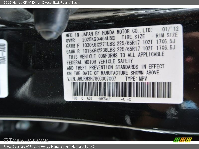 Crystal Black Pearl / Black 2012 Honda CR-V EX-L