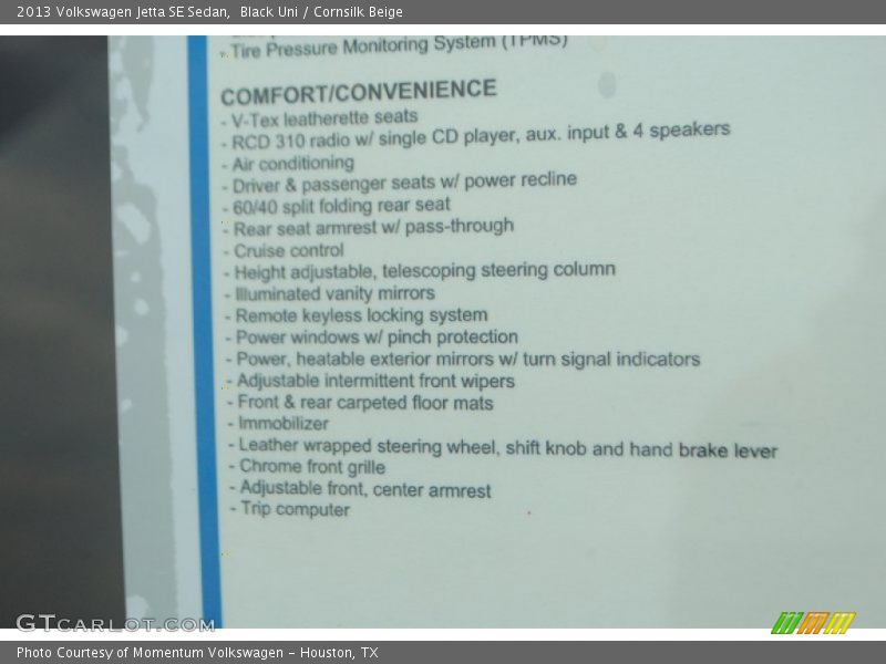 Black Uni / Cornsilk Beige 2013 Volkswagen Jetta SE Sedan