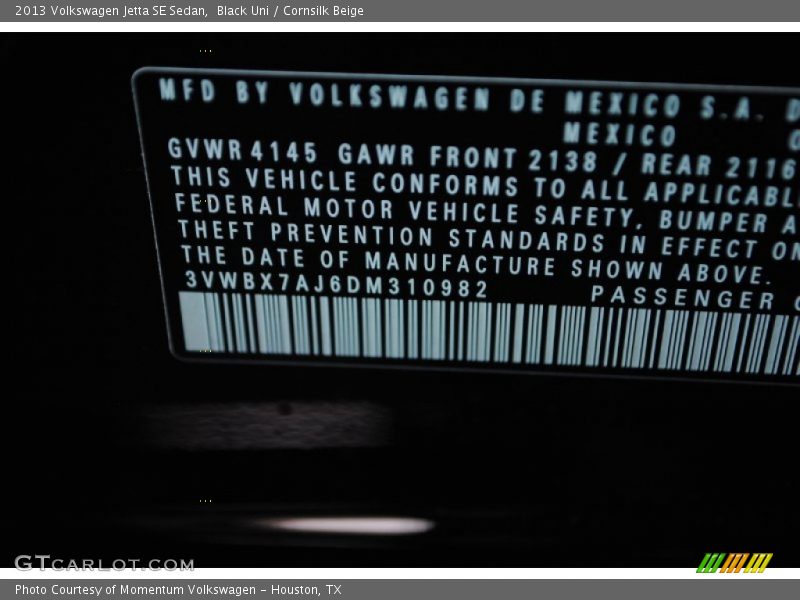 Black Uni / Cornsilk Beige 2013 Volkswagen Jetta SE Sedan