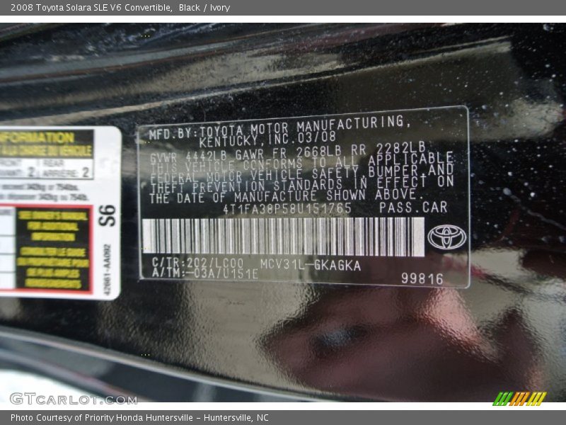 Black / Ivory 2008 Toyota Solara SLE V6 Convertible