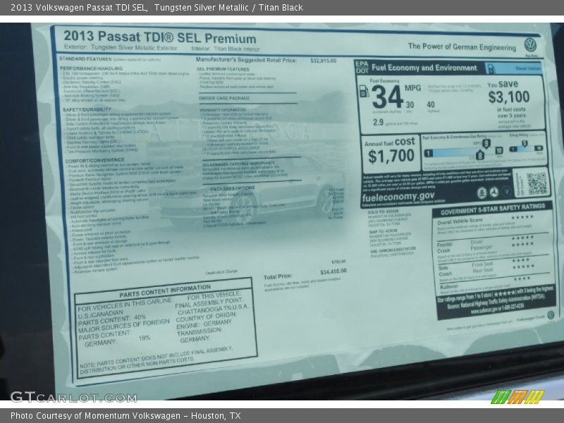 Tungsten Silver Metallic / Titan Black 2013 Volkswagen Passat TDI SEL