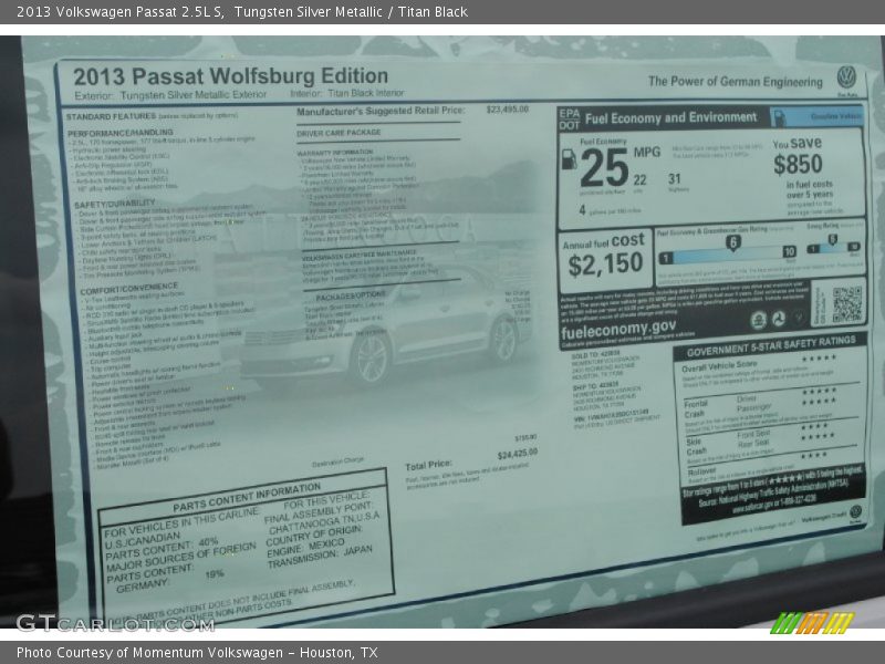 Tungsten Silver Metallic / Titan Black 2013 Volkswagen Passat 2.5L S