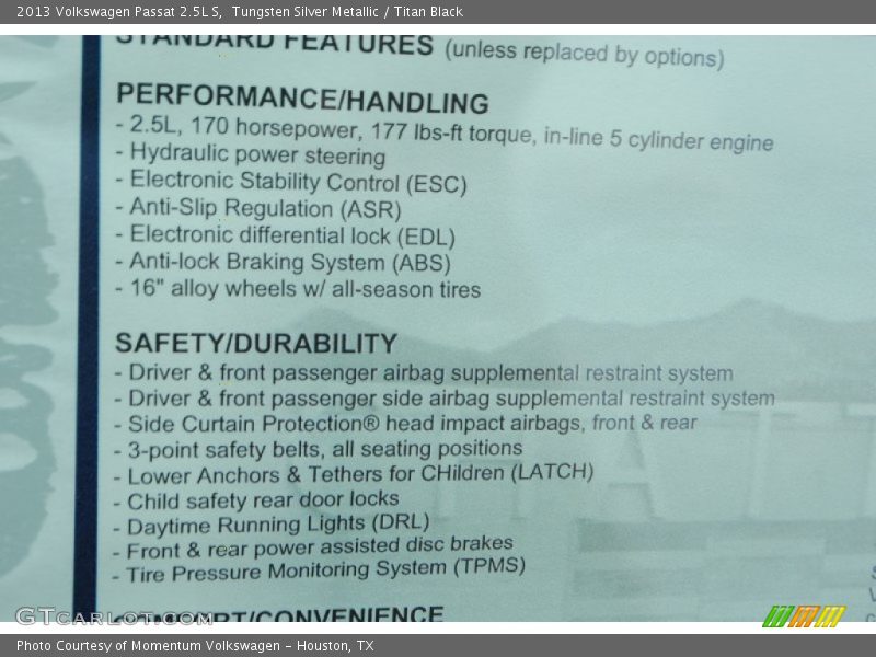 Tungsten Silver Metallic / Titan Black 2013 Volkswagen Passat 2.5L S