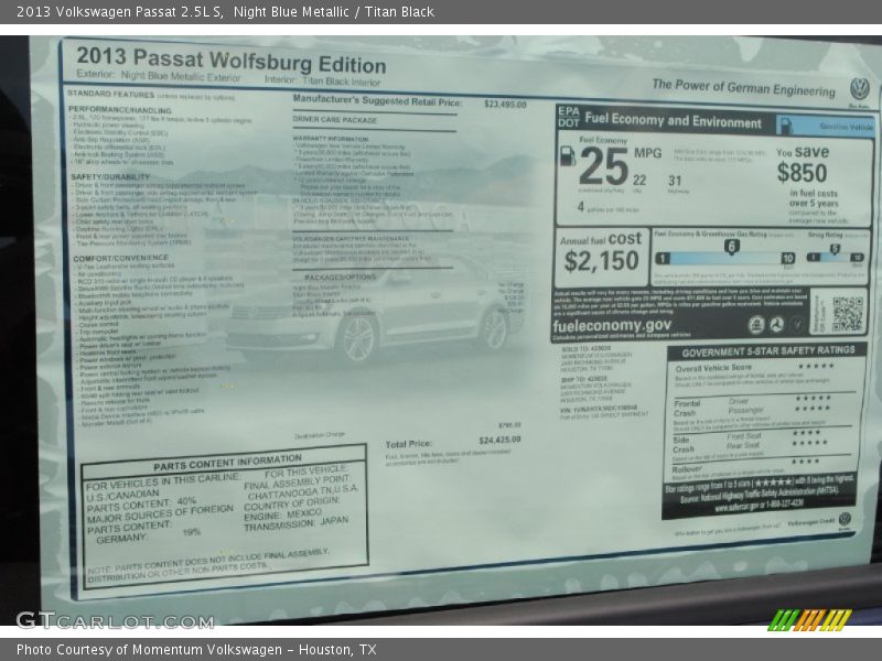 Night Blue Metallic / Titan Black 2013 Volkswagen Passat 2.5L S