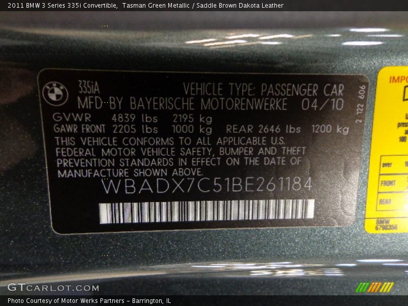 Tasman Green Metallic / Saddle Brown Dakota Leather 2011 BMW 3 Series 335i Convertible