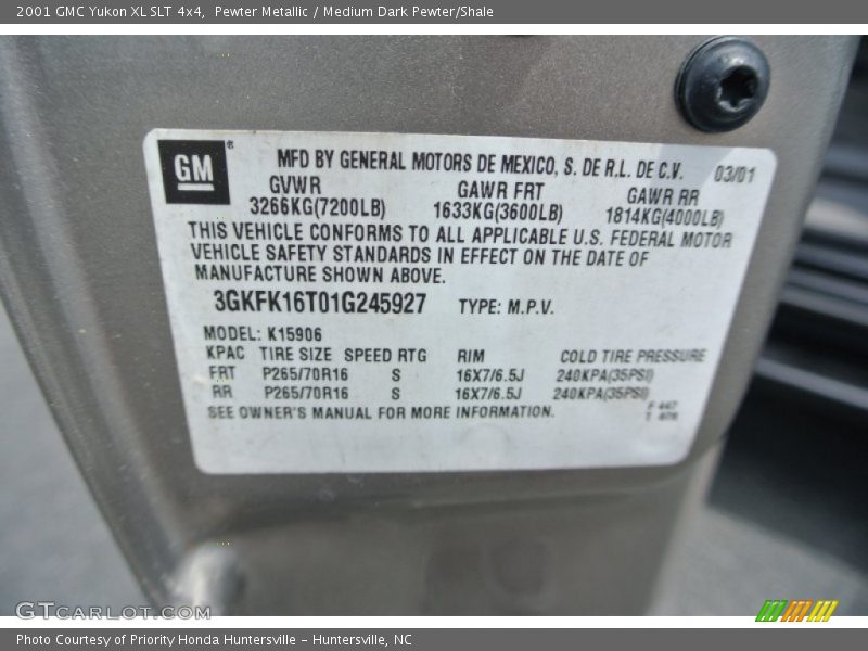 Pewter Metallic / Medium Dark Pewter/Shale 2001 GMC Yukon XL SLT 4x4