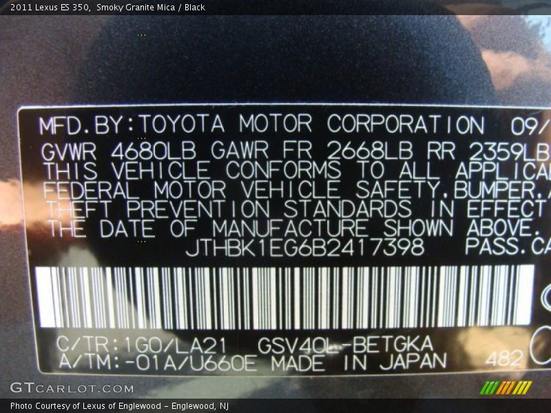 Smoky Granite Mica / Black 2011 Lexus ES 350