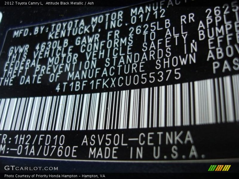 Attitude Black Metallic / Ash 2012 Toyota Camry L