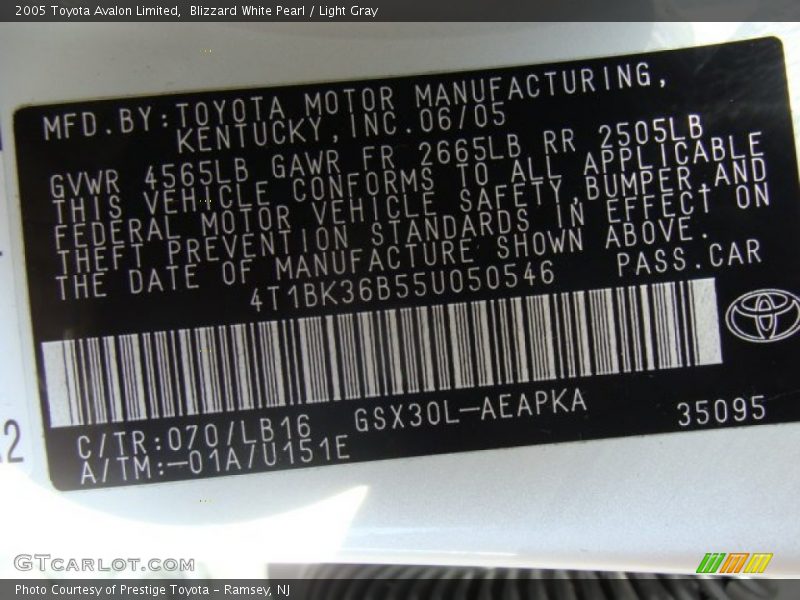 Blizzard White Pearl / Light Gray 2005 Toyota Avalon Limited