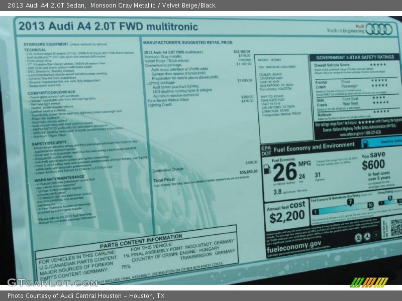 Monsoon Gray Metallic / Velvet Beige/Black 2013 Audi A4 2.0T Sedan
