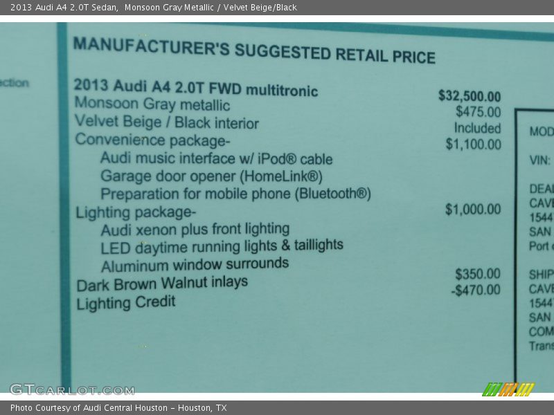 Monsoon Gray Metallic / Velvet Beige/Black 2013 Audi A4 2.0T Sedan