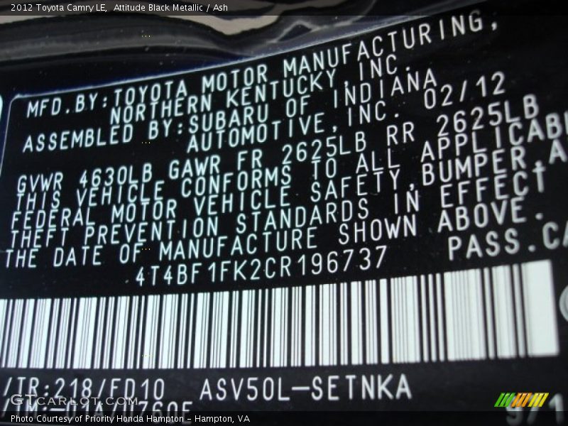 Attitude Black Metallic / Ash 2012 Toyota Camry LE