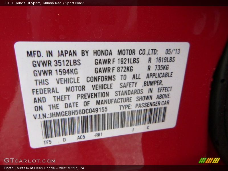 Milano Red / Sport Black 2013 Honda Fit Sport