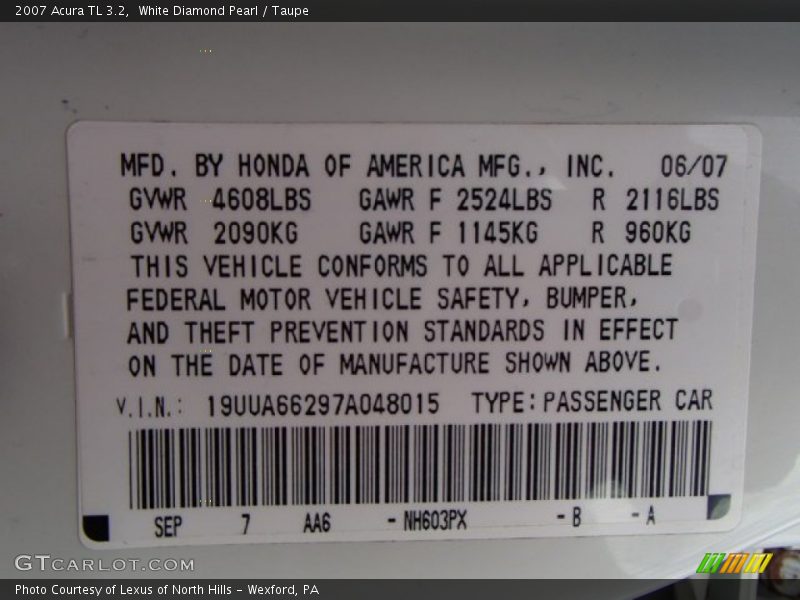 White Diamond Pearl / Taupe 2007 Acura TL 3.2