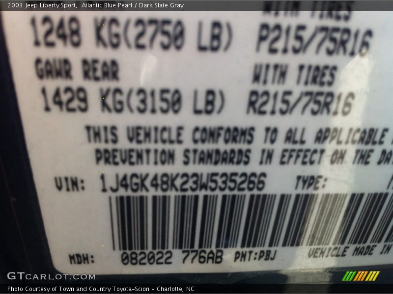 Atlantic Blue Pearl / Dark Slate Gray 2003 Jeep Liberty Sport