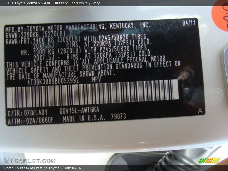 Blizzard Pearl White / Ivory 2011 Toyota Venza V6 AWD
