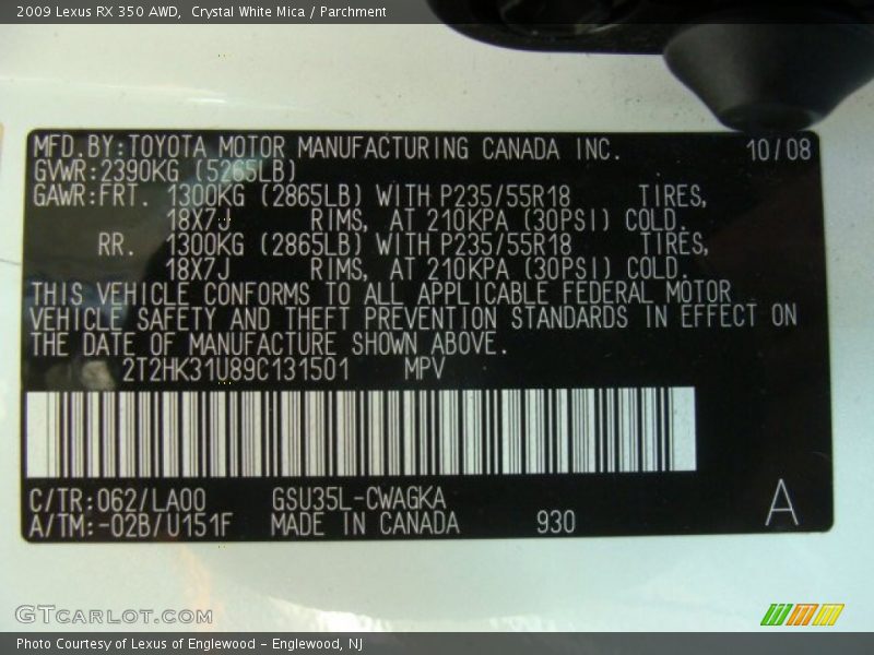 2009 RX 350 AWD Crystal White Mica Color Code 062