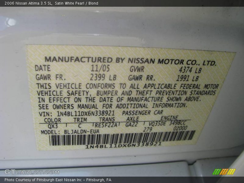 Satin White Pearl / Blond 2006 Nissan Altima 3.5 SL