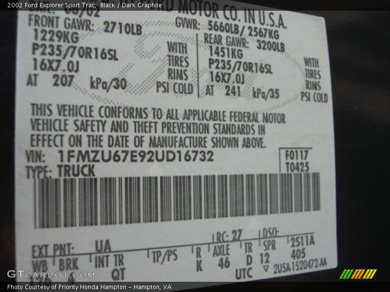 Black / Dark Graphite 2002 Ford Explorer Sport Trac