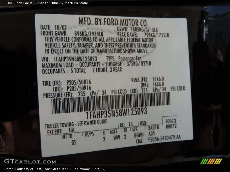Black / Medium Stone 2008 Ford Focus SE Sedan