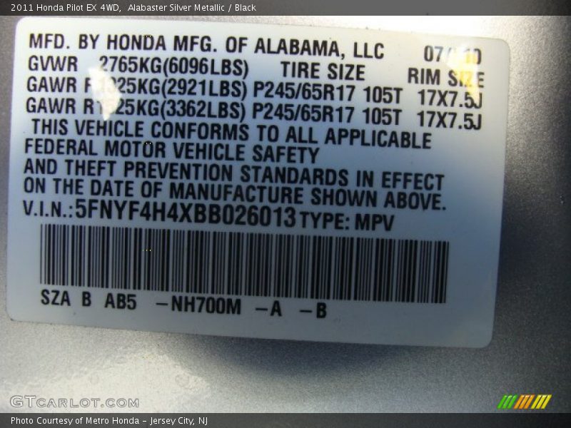 Alabaster Silver Metallic / Black 2011 Honda Pilot EX 4WD