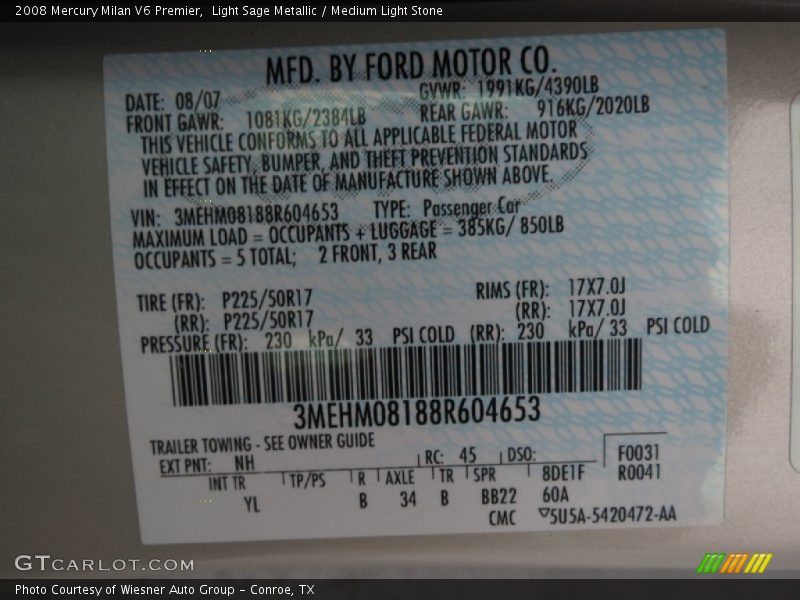 Light Sage Metallic / Medium Light Stone 2008 Mercury Milan V6 Premier