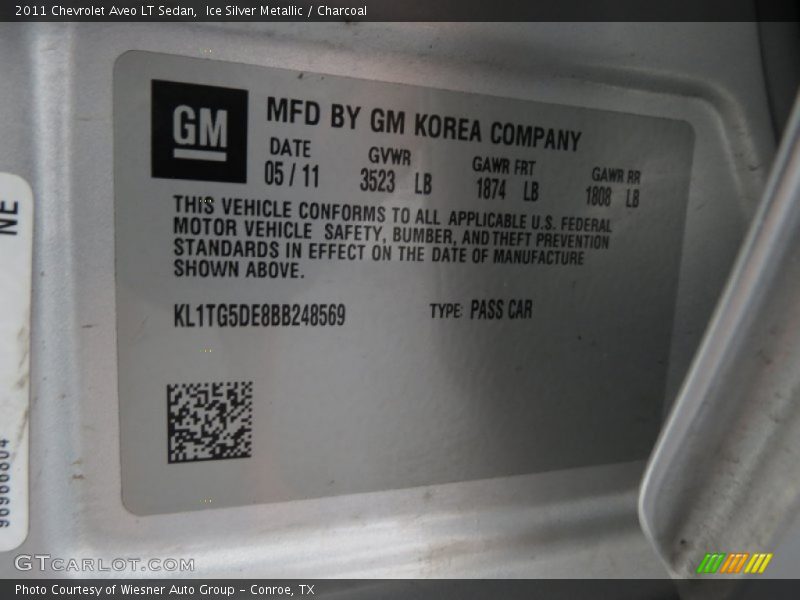 Info Tag of 2011 Aveo LT Sedan