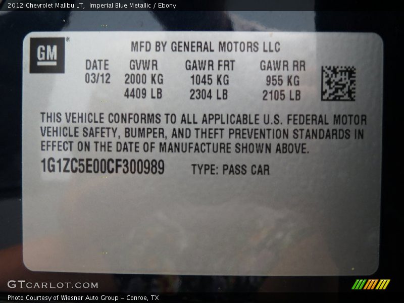 Imperial Blue Metallic / Ebony 2012 Chevrolet Malibu LT