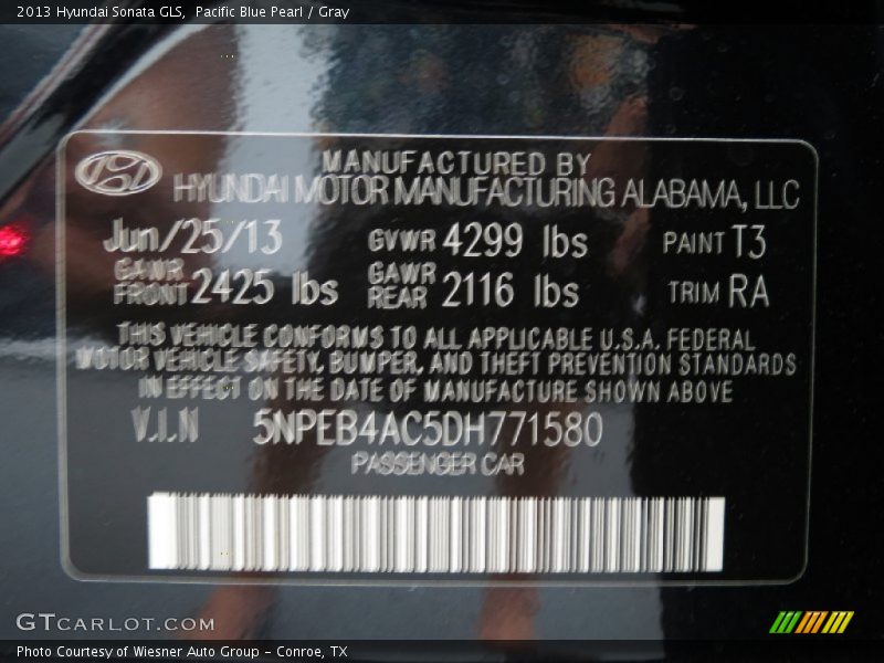 Pacific Blue Pearl / Gray 2013 Hyundai Sonata GLS