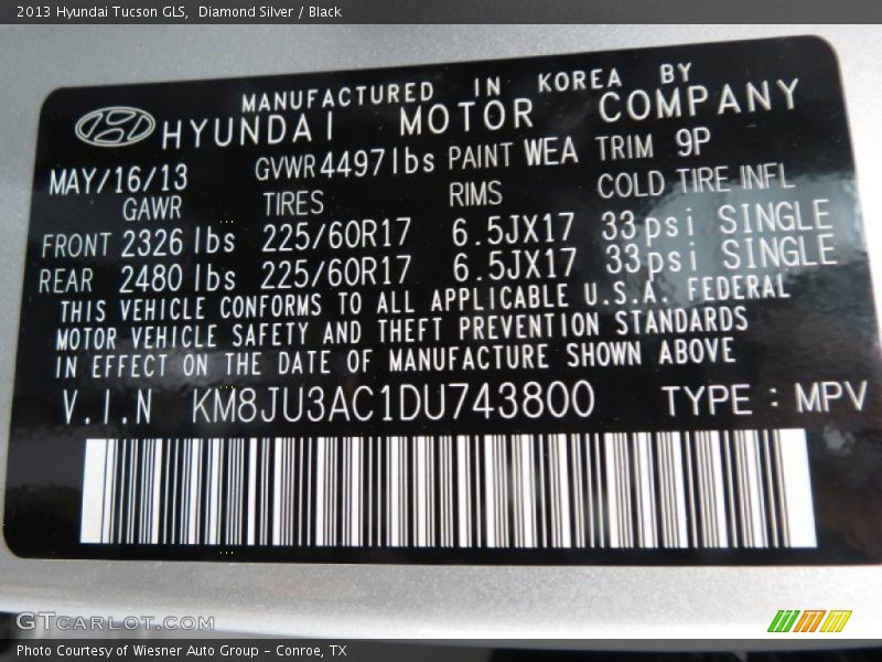 Diamond Silver / Black 2013 Hyundai Tucson GLS