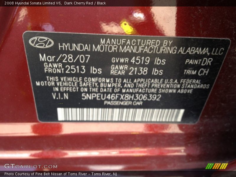 Dark Cherry Red / Black 2008 Hyundai Sonata Limited V6