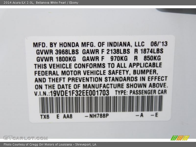 2014 ILX 2.0L Bellanova White Pearl Color Code NH788P