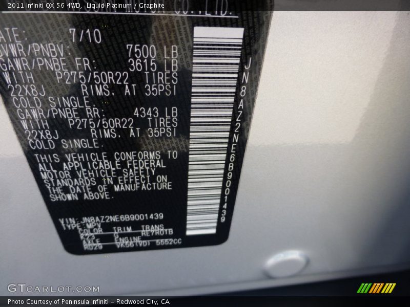 Liquid Platinum / Graphite 2011 Infiniti QX 56 4WD