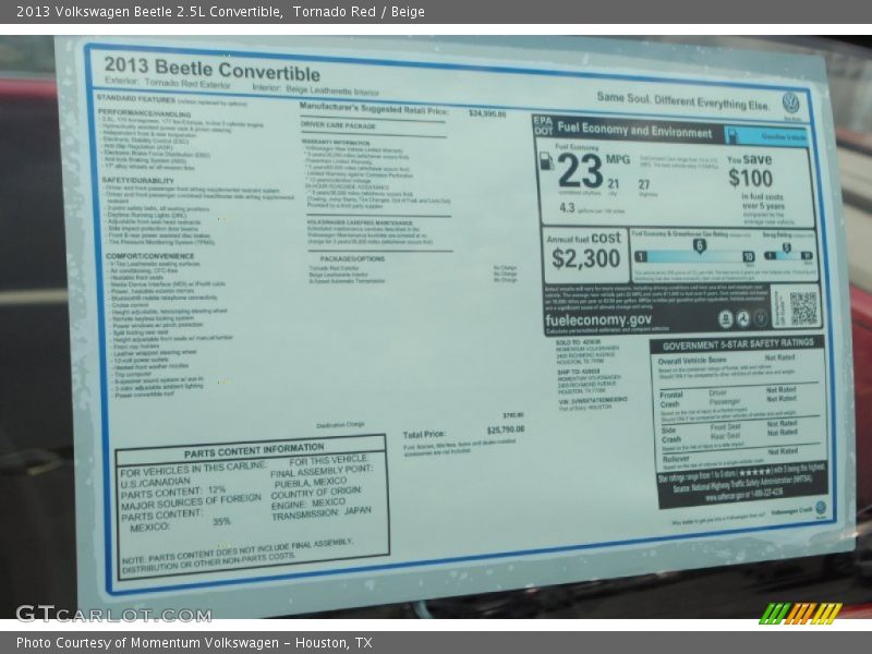 Tornado Red / Beige 2013 Volkswagen Beetle 2.5L Convertible