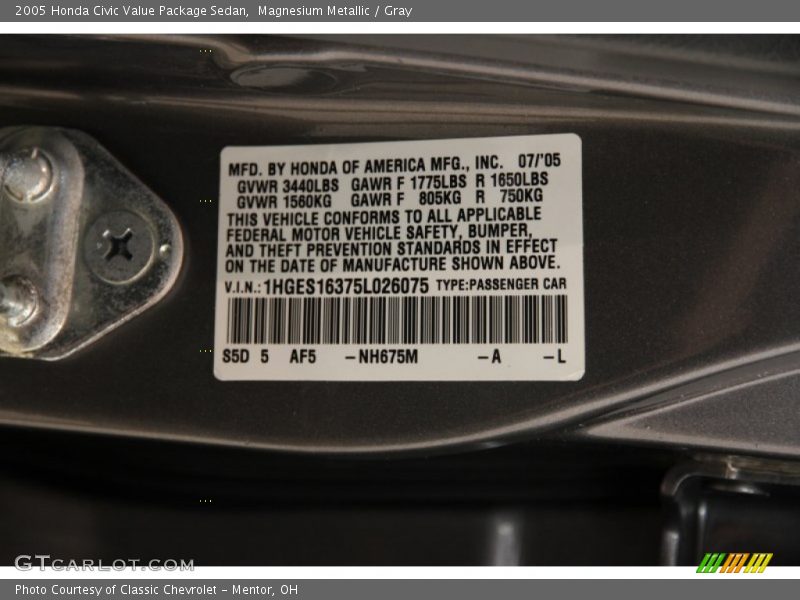 Magnesium Metallic / Gray 2005 Honda Civic Value Package Sedan