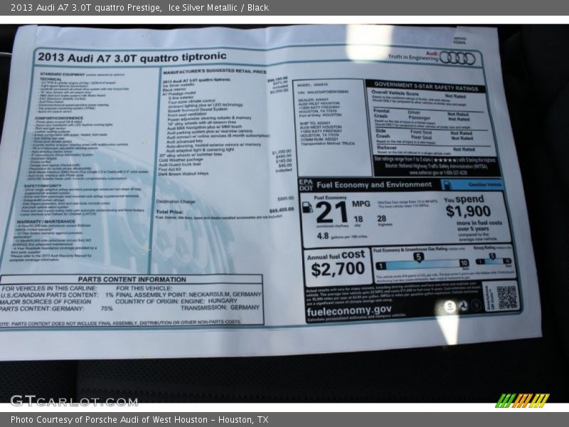 Ice Silver Metallic / Black 2013 Audi A7 3.0T quattro Prestige