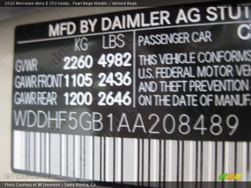 Pearl Beige Metallic / Almond Beige 2010 Mercedes-Benz E 350 Sedan