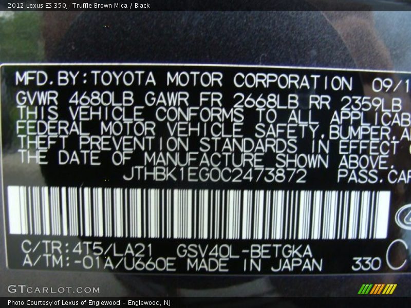 2012 ES 350 Truffle Brown Mica Color Code 4T5