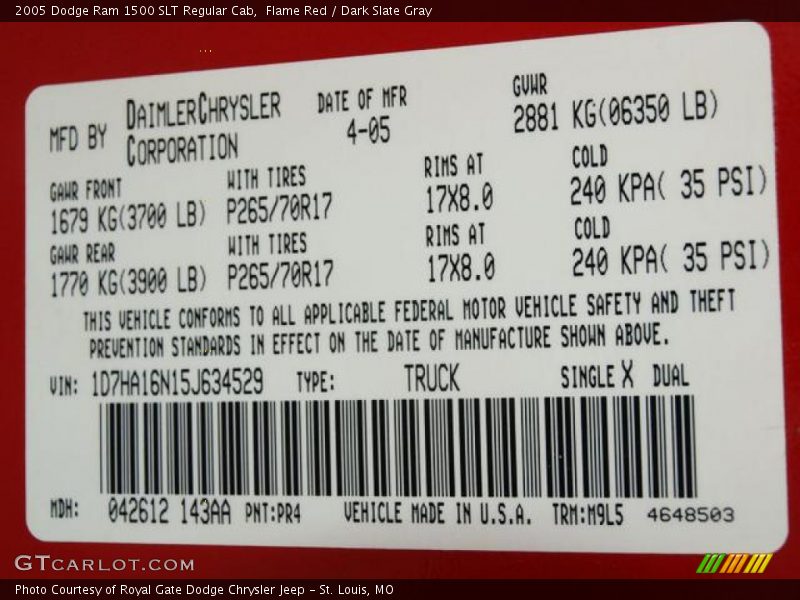 Flame Red / Dark Slate Gray 2005 Dodge Ram 1500 SLT Regular Cab
