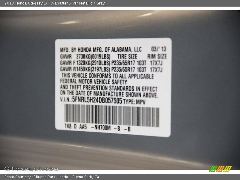 Alabaster Silver Metallic / Gray 2013 Honda Odyssey LX